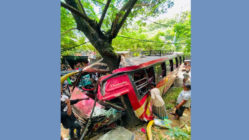চাকা ব্লাস্ট হয়ে গাছে ঢুকে গেল যাত্রীবাহী বাস
